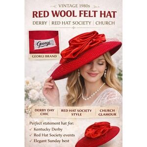 Vintage Red Wool Felt Hat Wide Brim Bow Church Hat Derby Hat Red Hat Society